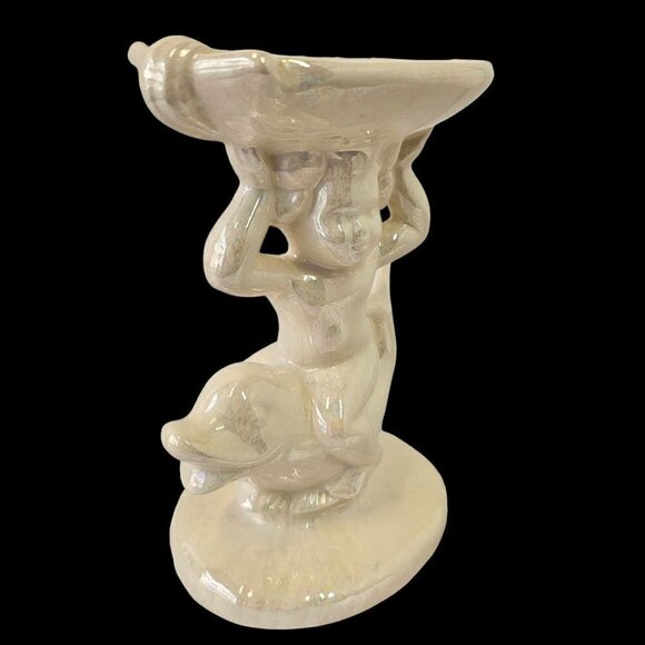 1969 Luster Iridescent Pedestal Soap Dish Cherub Boy on Dolphin Artist Sign 7.5" - Picture 2 of 6